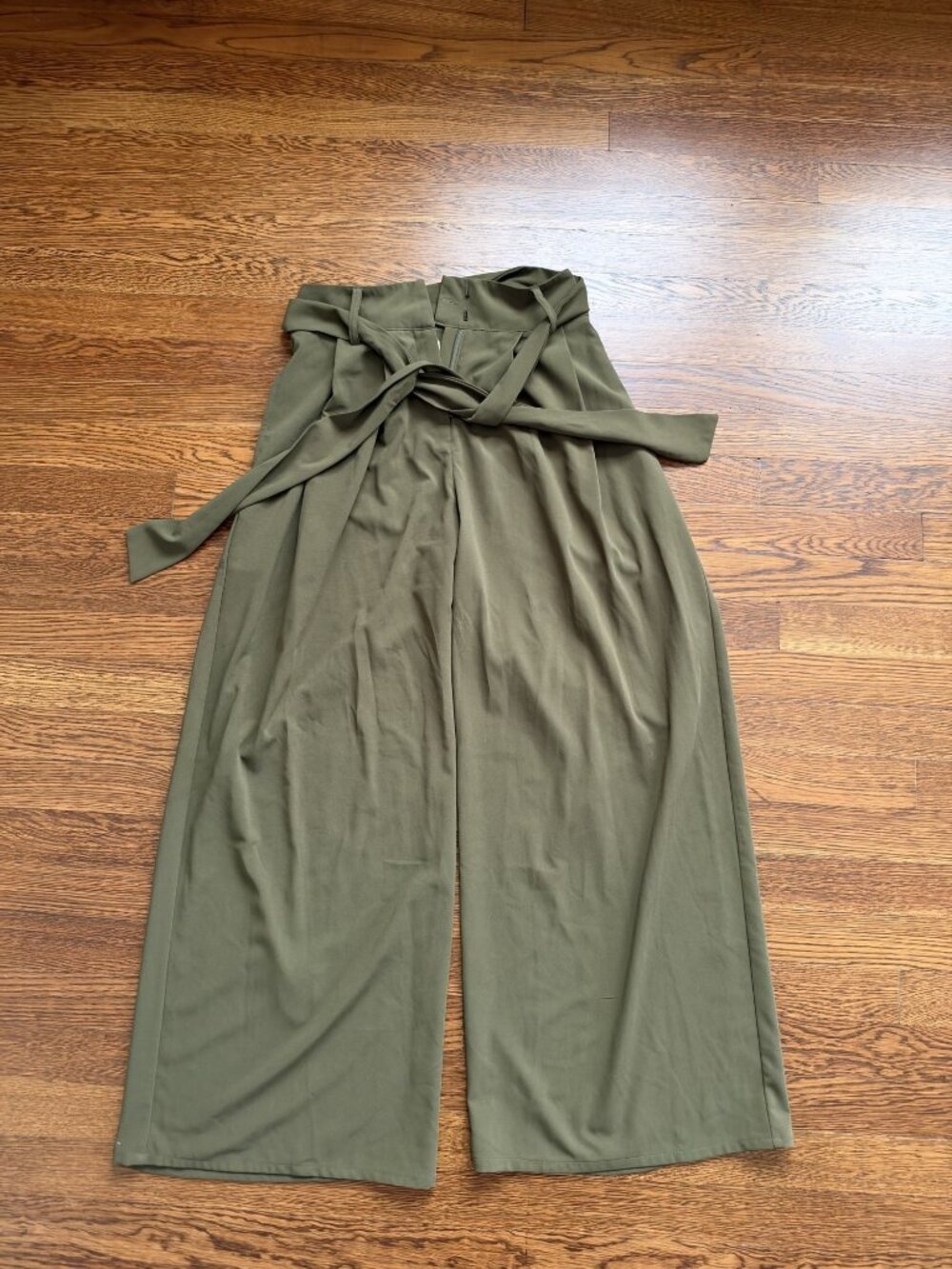 Honey Bum Olive Green Wide Leg Palazzo Pants Paperbag Waist Sash Belt